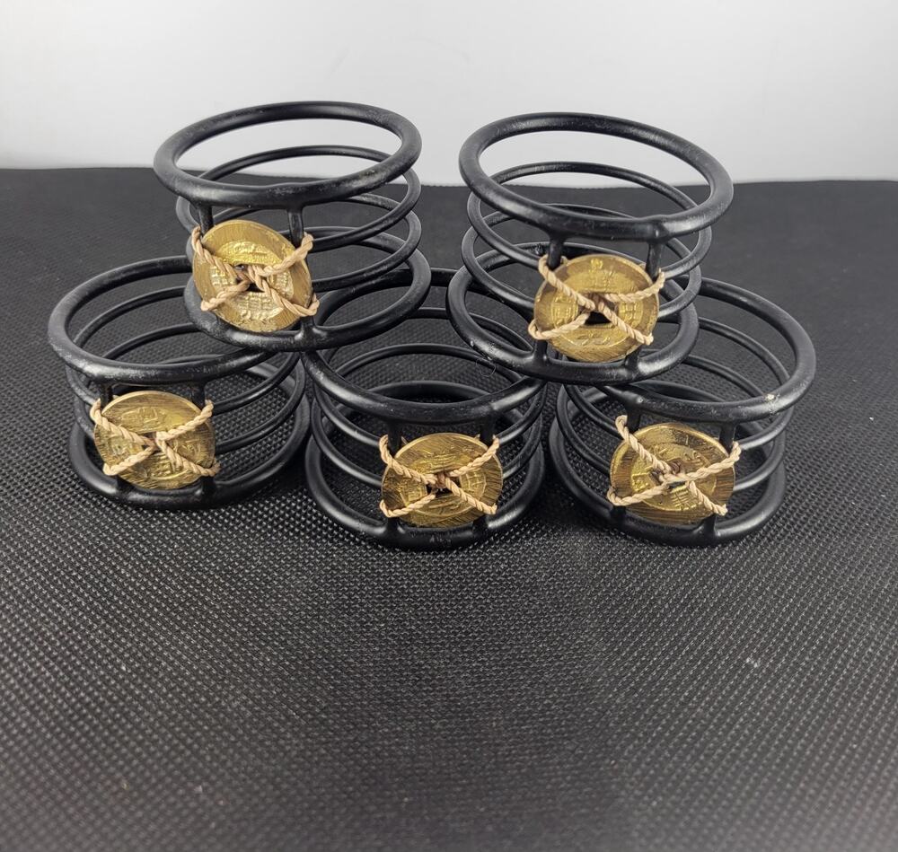 Black Metal & Faux Coin Napkin Rings Set Of 5 Asian, Boho, Steam Punk